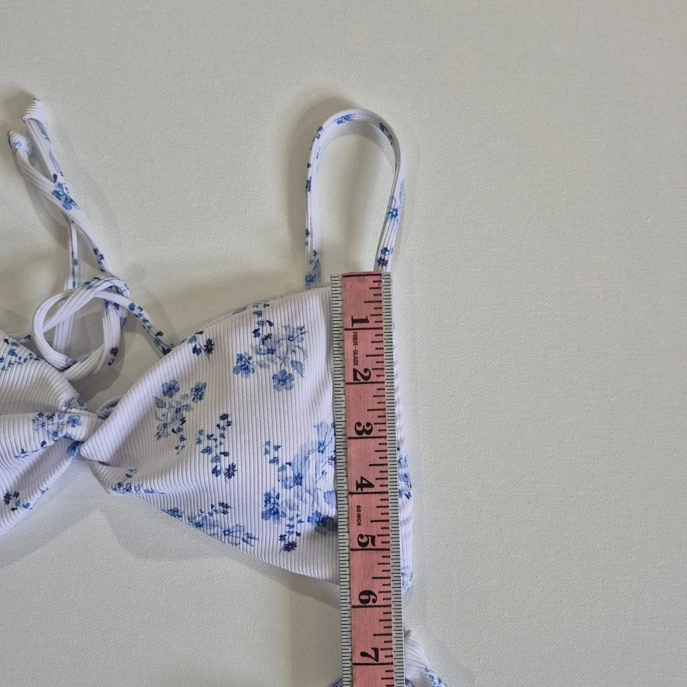 Tempt Me Blue Floral Ribbed Twist Front Bikini Set‎ White Medium